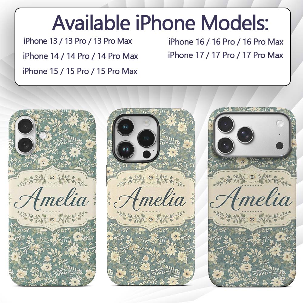Delicate Cream Floral Garden Pattern on Dusty Custom Name Protective Phone Case Mobile Cover Durable Everyday Smartphone Shock Resistant