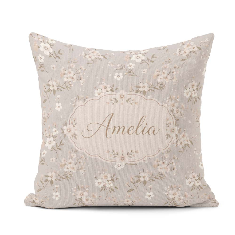 Custom Name Elegant Neutral Floral Blossom Soft Beige Background Square Filled Cushion Throw Pillow Sofa Bed Home Decor Zip Washable UK Made
