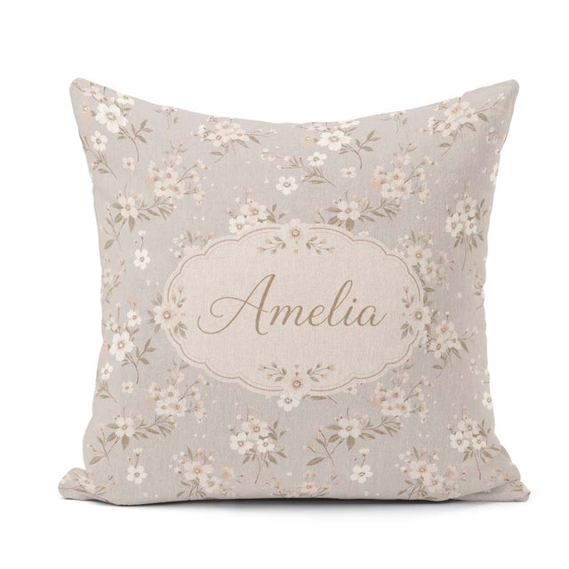 Custom Name Elegant Neutral Floral Blossom Soft Beige Background Square Filled Cushion Throw Pillow Sofa Bed Home Decor Zip Washable UK Made