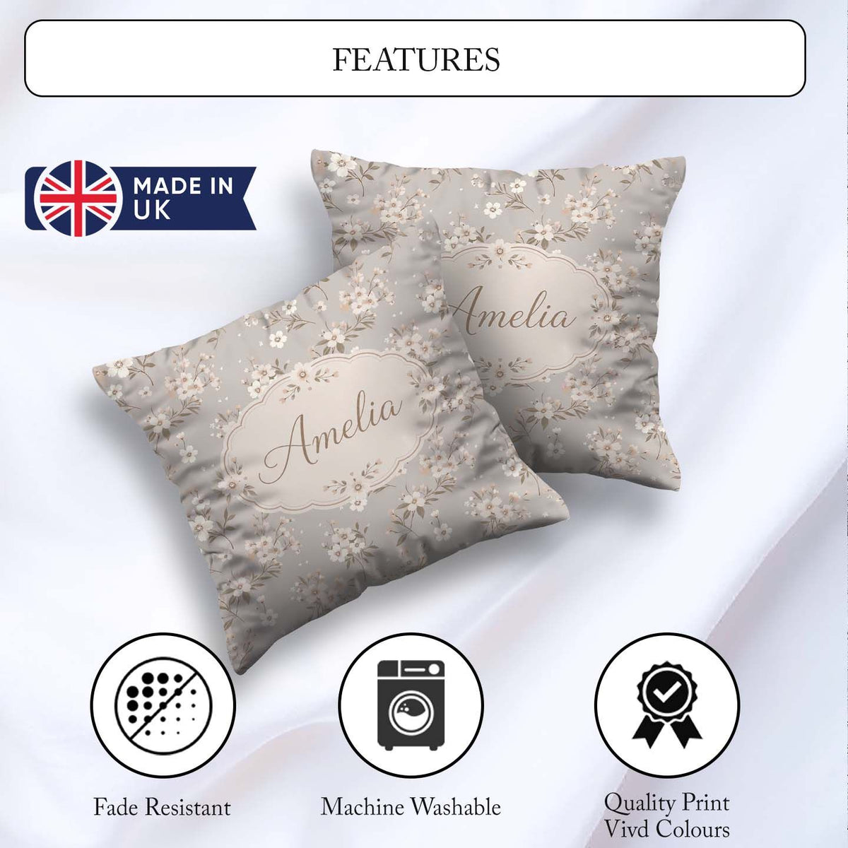 Custom Name Elegant Neutral Floral Blossom Soft Beige Background Square Filled Cushion Throw Pillow Sofa Bed Home Decor Zip Washable UK Made