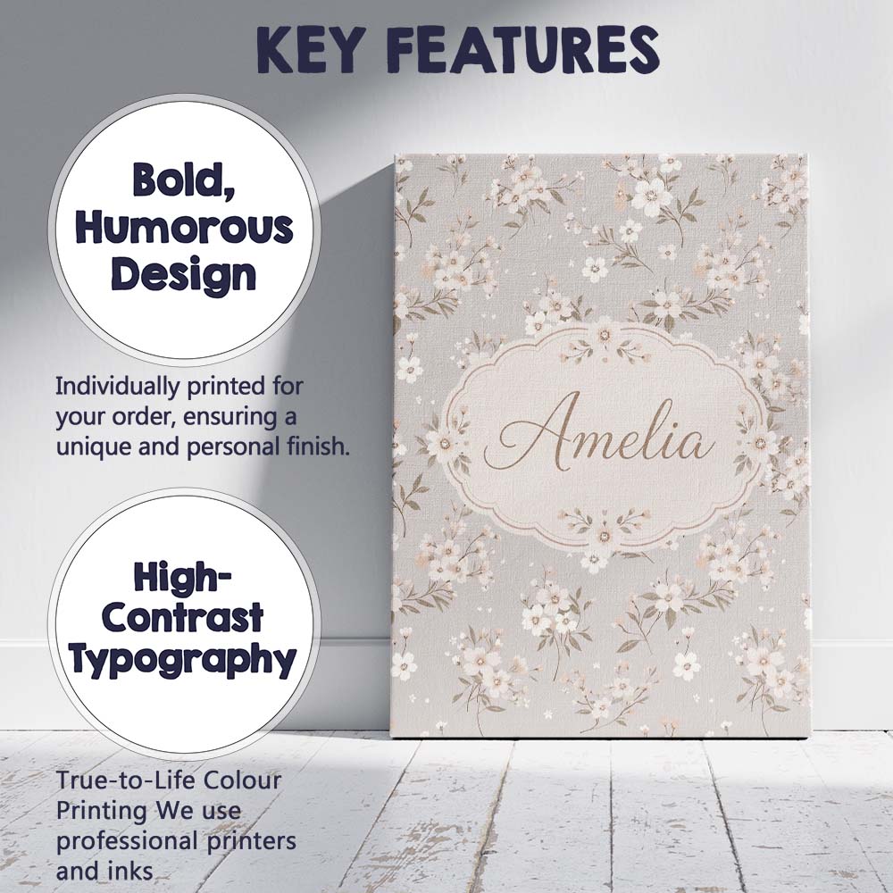 Personalised Name Elegant Neutral Floral Custom  Interior Decorative Contemporary Canvas Wall Art Print Decor Picture Ready to Hang
