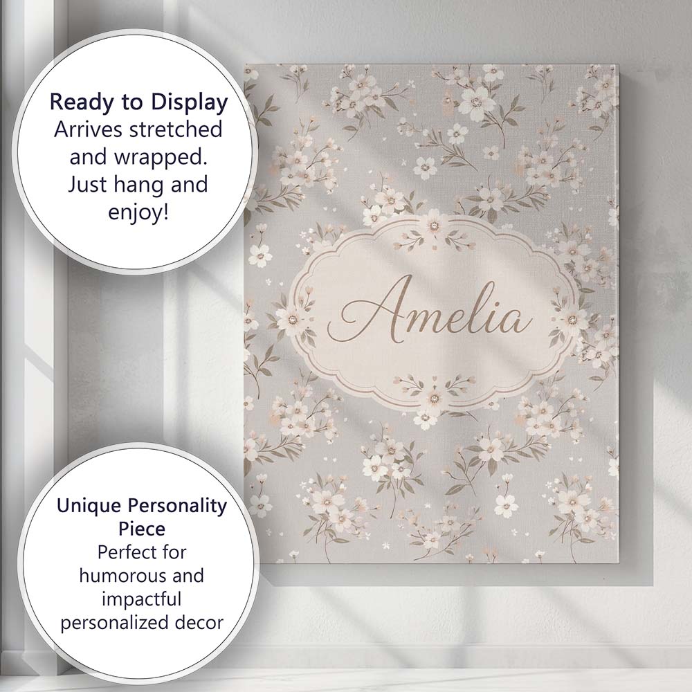 Personalised Name Elegant Neutral Floral Custom  Interior Decorative Contemporary Canvas Wall Art Print Decor Picture Ready to Hang