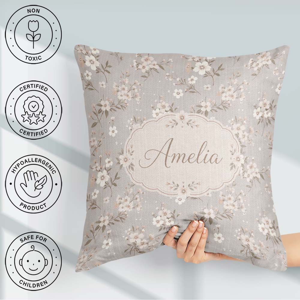 Custom Name Elegant Neutral Floral Blossom Soft Beige Background Square Filled Cushion Throw Pillow Sofa Bed Home Decor Zip Washable UK Made