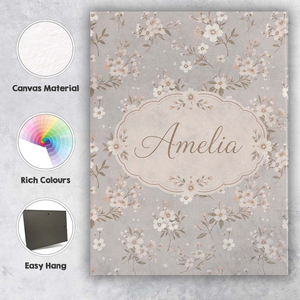 Personalised Name Elegant Neutral Floral Custom  Interior Decorative Contemporary Canvas Wall Art Print Decor Picture Ready to Hang