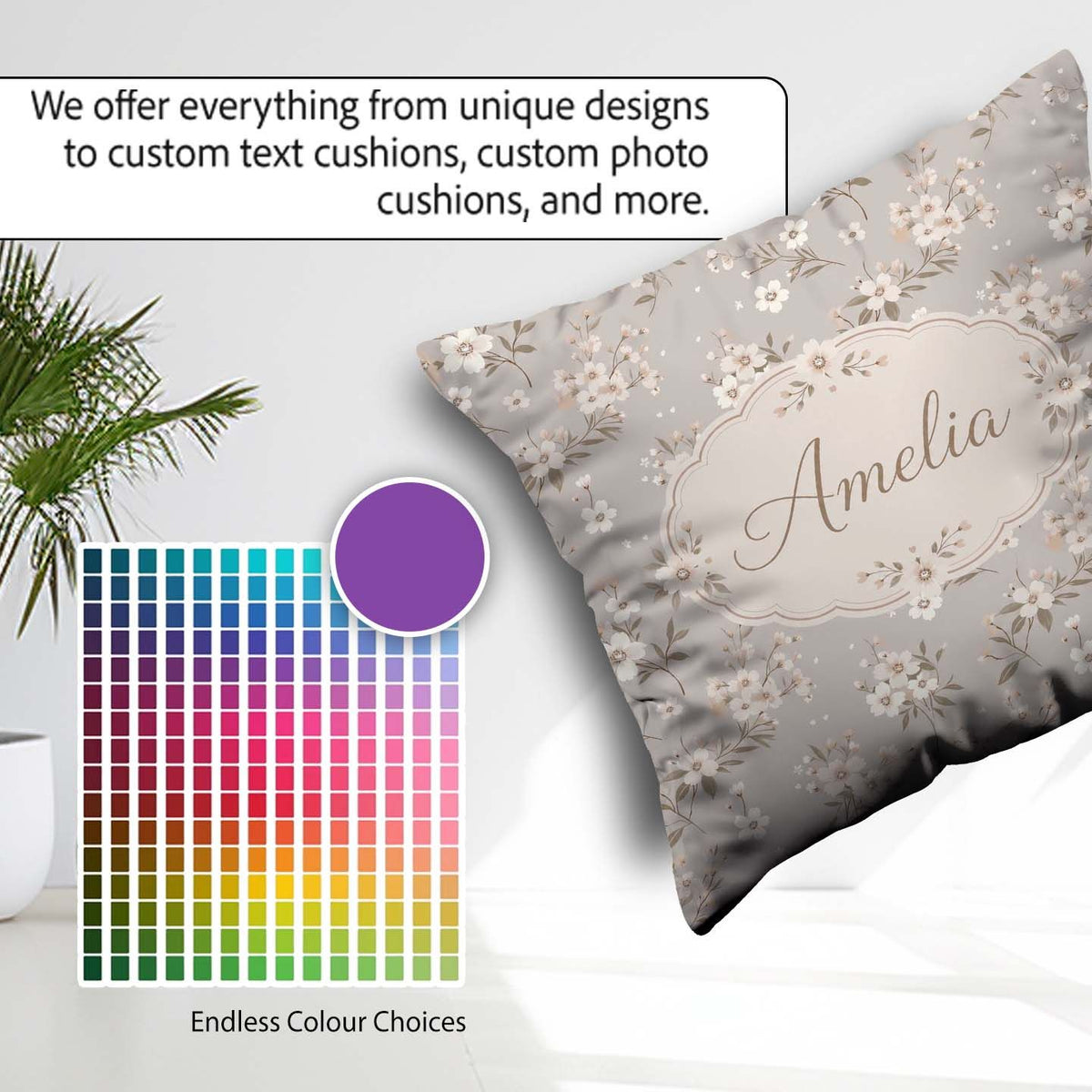 Custom Name Elegant Neutral Floral Blossom Soft Beige Background Square Filled Cushion Throw Pillow Sofa Bed Home Decor Zip Washable UK Made