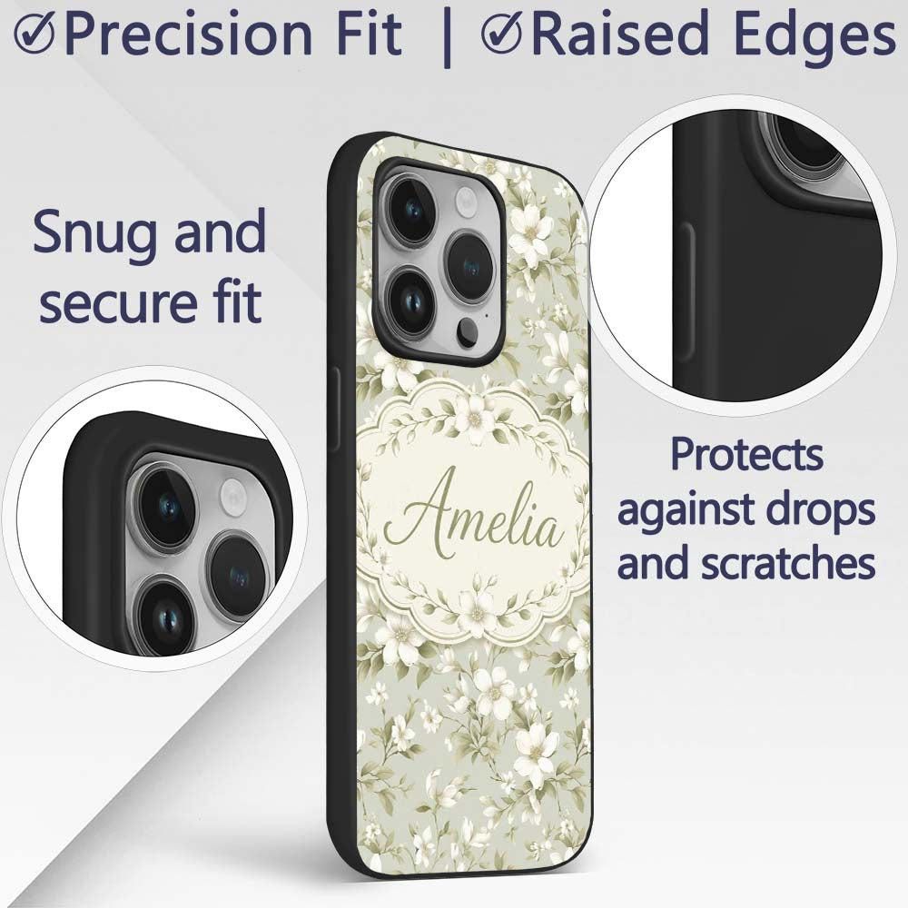 Classic White Flower Botanical Pattern Soft Green Custom Name Protective Phone Case Mobile Cover Durable Everyday Smartphone Shock Resistant