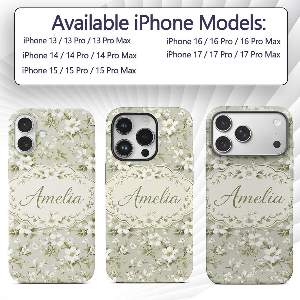 Classic White Flower Botanical Pattern Soft Green Custom Name Protective Phone Case Mobile Cover Durable Everyday Smartphone Shock Resistant