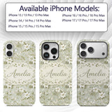 Classic White Flower Botanical Pattern Soft Green Custom Name Protective Phone Case Mobile Cover Durable Everyday Smartphone Shock Resistant