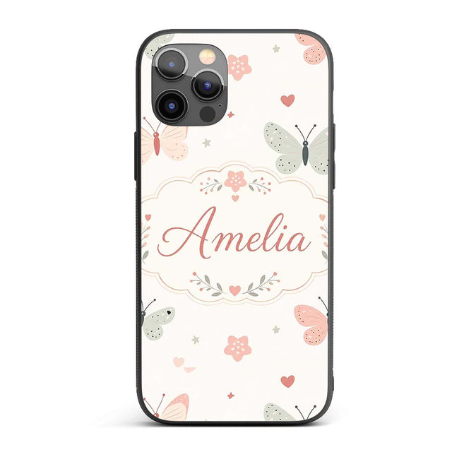 Cute Pastel Butterflies and Hearts Printed Design Custom Name Protective Phone Case Mobile Cover Durable Everyday Smartphone Shock Resistant
