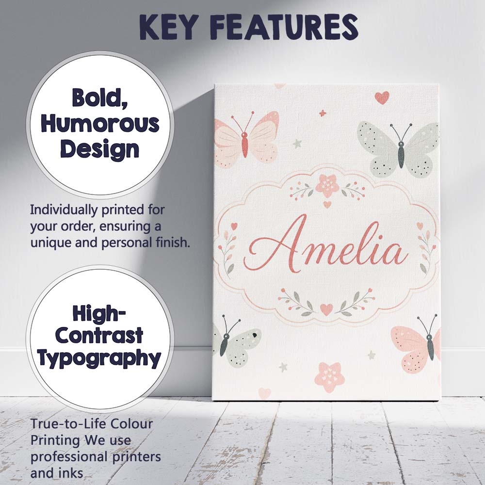 Personalised Name Cute Pastel Butterflies Custom  Unique Gift Idea Elegant Feature Canvas Wall Art Print Decor Picture Ready to Hang
