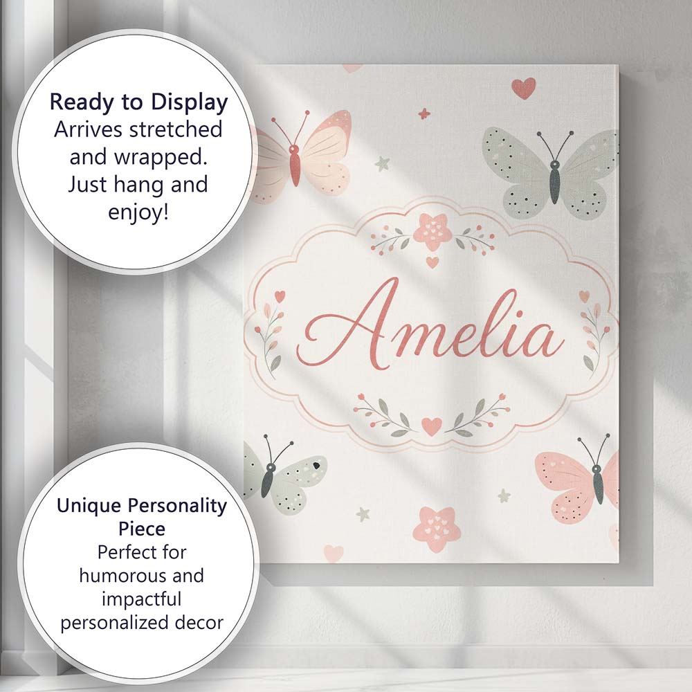 Personalised Name Cute Pastel Butterflies Custom  Unique Gift Idea Elegant Feature Canvas Wall Art Print Decor Picture Ready to Hang