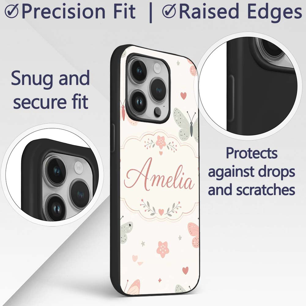 Cute Pastel Butterflies and Hearts Printed Design Custom Name Protective Phone Case Mobile Cover Durable Everyday Smartphone Shock Resistant