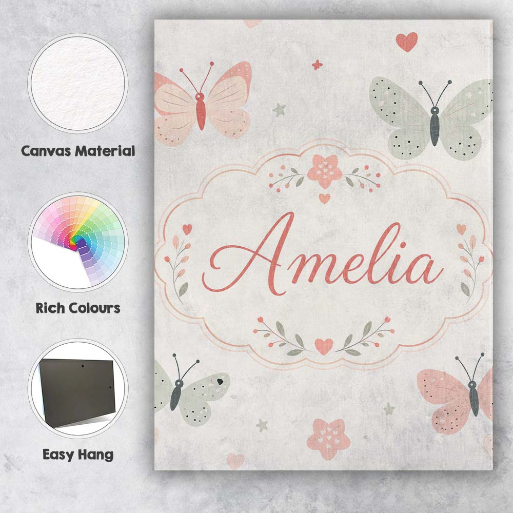 Personalised Name Cute Pastel Butterflies Custom  Unique Gift Idea Elegant Feature Canvas Wall Art Print Decor Picture Ready to Hang