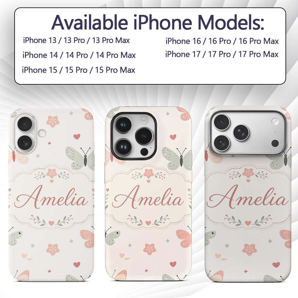 Cute Pastel Butterflies and Hearts Printed Design Custom Name Protective Phone Case Mobile Cover Durable Everyday Smartphone Shock Resistant
