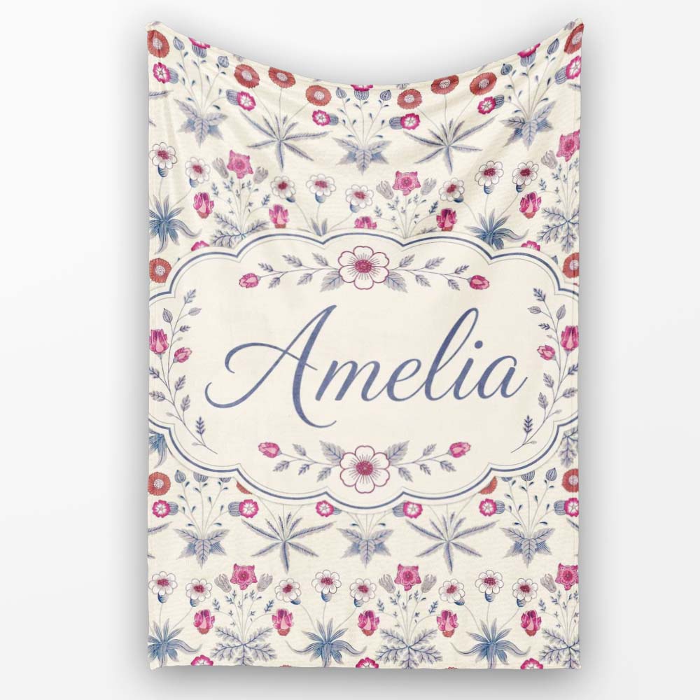 Vintage Meadow Floral with Pink Blooms and Blue Leaves Seamless  Personalised Custom Name Super Soft Fleece Blanket Bed Sofa Throw
