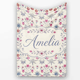 Vintage Meadow Floral with Pink Blooms and Blue Leaves Seamless  Personalised Custom Name Super Soft Fleece Blanket Bed Sofa Throw