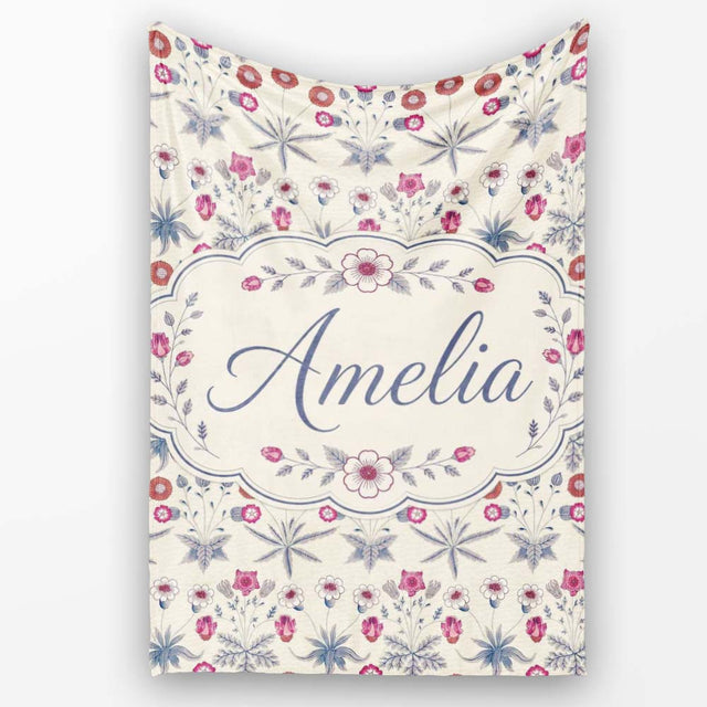Vintage Meadow Floral with Pink Blooms and Blue Leaves Seamless  Personalised Custom Name Super Soft Fleece Blanket Bed Sofa Throw