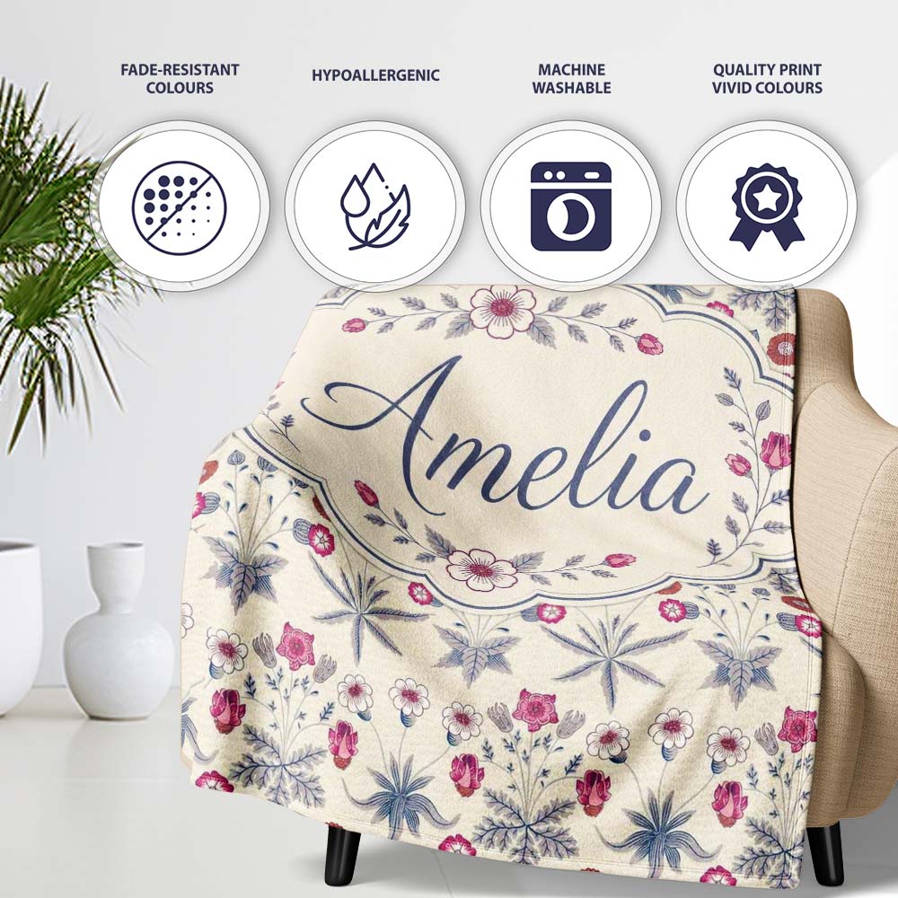 Vintage Meadow Floral with Pink Blooms and Blue Leaves Seamless  Personalised Custom Name Super Soft Fleece Blanket Bed Sofa Throw