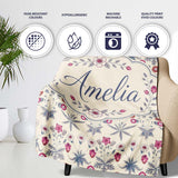 Vintage Meadow Floral with Pink Blooms and Blue Leaves Seamless  Personalised Custom Name Super Soft Fleece Blanket Bed Sofa Throw