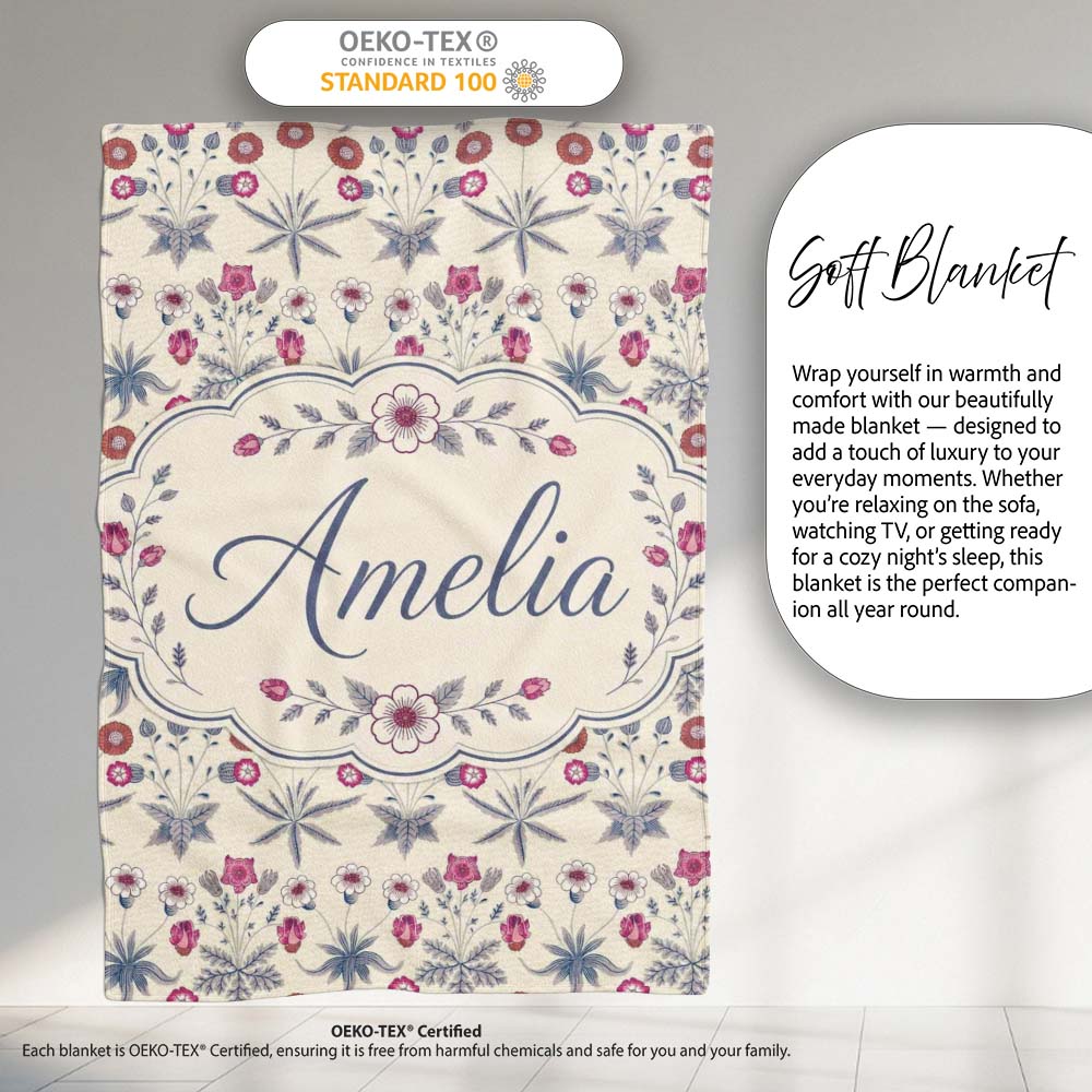 Vintage Meadow Floral with Pink Blooms and Blue Leaves Seamless  Personalised Custom Name Super Soft Fleece Blanket Bed Sofa Throw