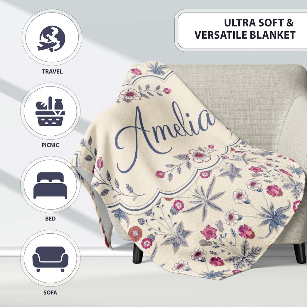 Vintage Meadow Floral with Pink Blooms and Blue Leaves Seamless  Personalised Custom Name Super Soft Fleece Blanket Bed Sofa Throw
