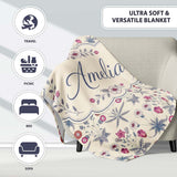 Vintage Meadow Floral with Pink Blooms and Blue Leaves Seamless  Personalised Custom Name Super Soft Fleece Blanket Bed Sofa Throw