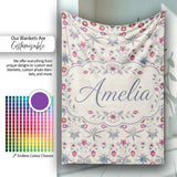 Vintage Meadow Floral with Pink Blooms and Blue Leaves Seamless  Personalised Custom Name Super Soft Fleece Blanket Bed Sofa Throw