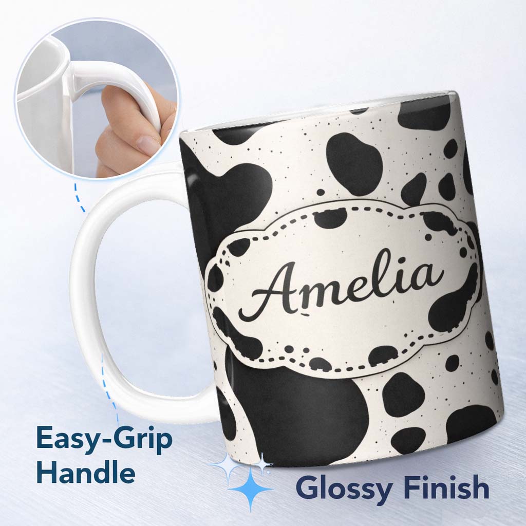Personalized Custom Name Speckled Organic Shapes Black Cream Abstract Spot Pattern Lovely 11oz Ceramic Coffee Tea Mug White Large Handle