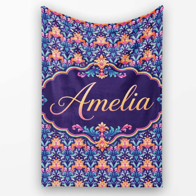 Vibrant Ornate Floral Damask with Bold Orange and Teal Seamless  Personalised Custom Name Super Soft Fleece Blanket Bed Sofa Throw