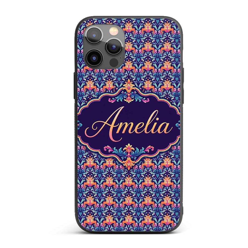 Vibrant Ornate Floral Damask with Bold Orange and Custom Name Protective Phone Case Mobile Cover Durable Everyday Smartphone Shock Resistant