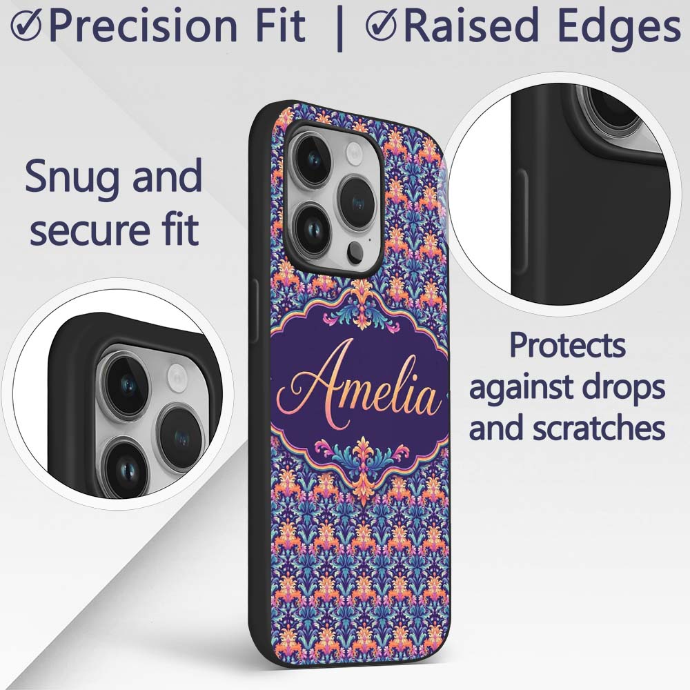 Vibrant Ornate Floral Damask with Bold Orange and Custom Name Protective Phone Case Mobile Cover Durable Everyday Smartphone Shock Resistant