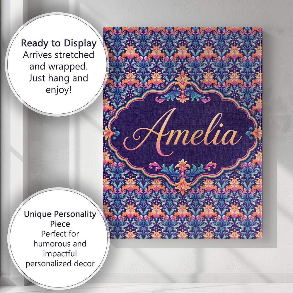 Personalised Name Vibrant Ornate Floral Custom  Modern Room Accent Elegant Feature Canvas Wall Art Print Decor Picture Ready to Hang