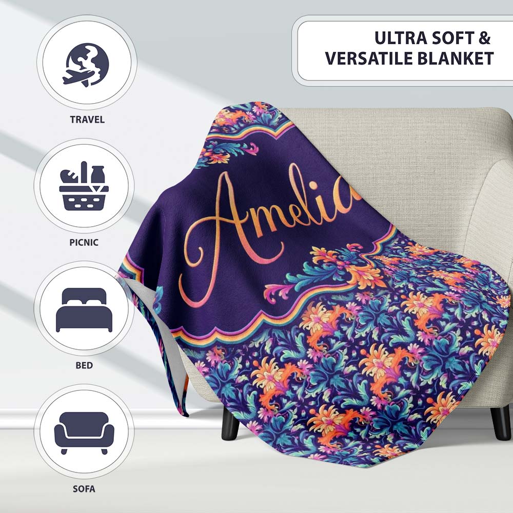 Vibrant Ornate Floral Damask with Bold Orange and Teal Seamless  Personalised Custom Name Super Soft Fleece Blanket Bed Sofa Throw