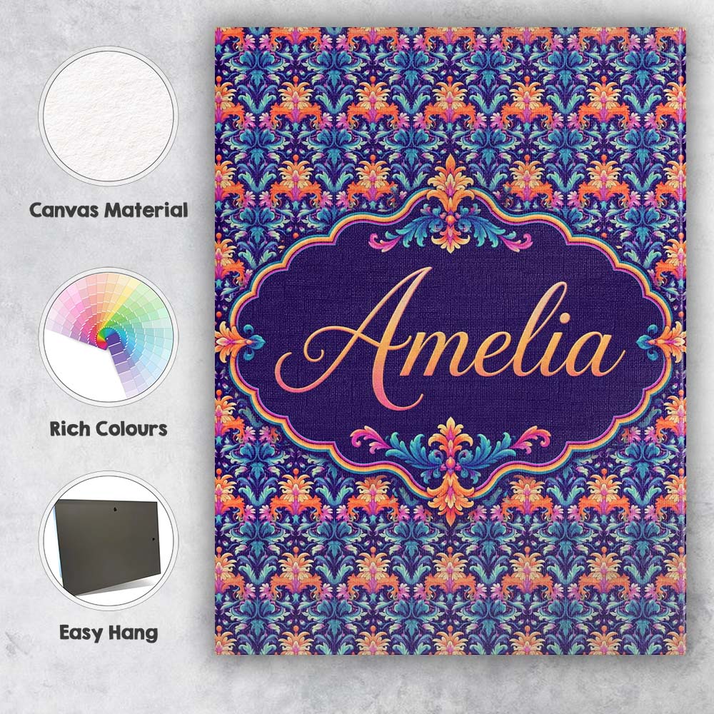 Personalised Name Vibrant Ornate Floral Custom  Modern Room Accent Elegant Feature Canvas Wall Art Print Decor Picture Ready to Hang
