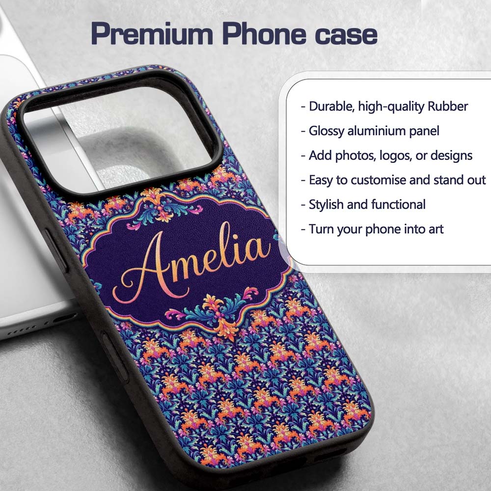Vibrant Ornate Floral Damask with Bold Orange and Custom Name Protective Phone Case Mobile Cover Durable Everyday Smartphone Shock Resistant