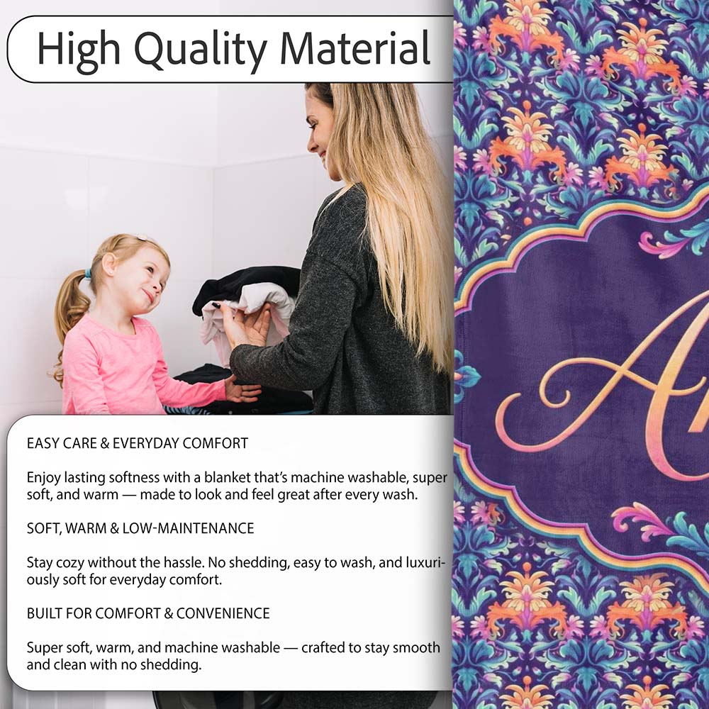 Vibrant Ornate Floral Damask with Bold Orange and Teal Seamless  Personalised Custom Name Super Soft Fleece Blanket Bed Sofa Throw