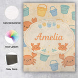 Personalised Name Cute Crab Bucket Beach Cartoon Animal Pattern Custom  Statement Canvas Wall Art Print Decor Picture Ready to Hang