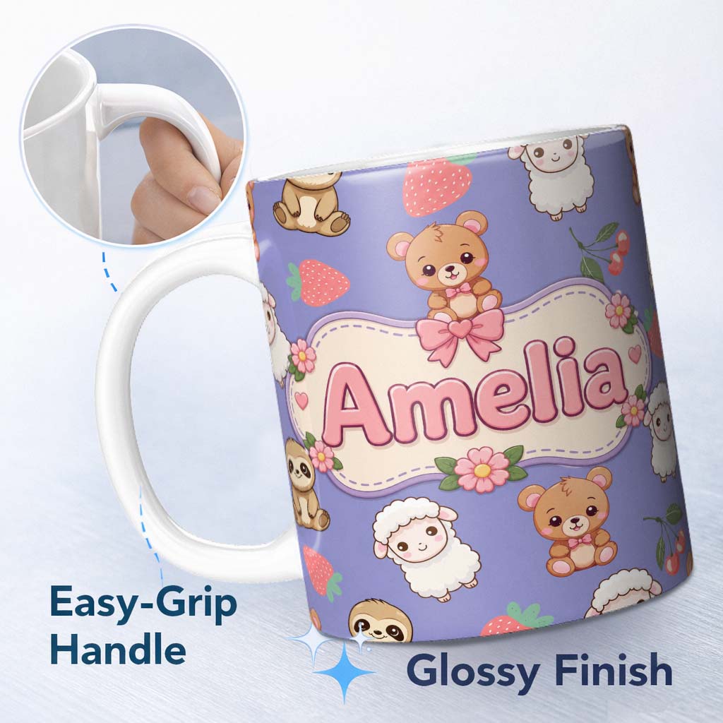 Personalized Custom Name Cute Bear Sloth Lamb Cherry Strawberry Seamless Pattern on Lavender 11oz Ceramic Coffee Tea Mug White Large Handle