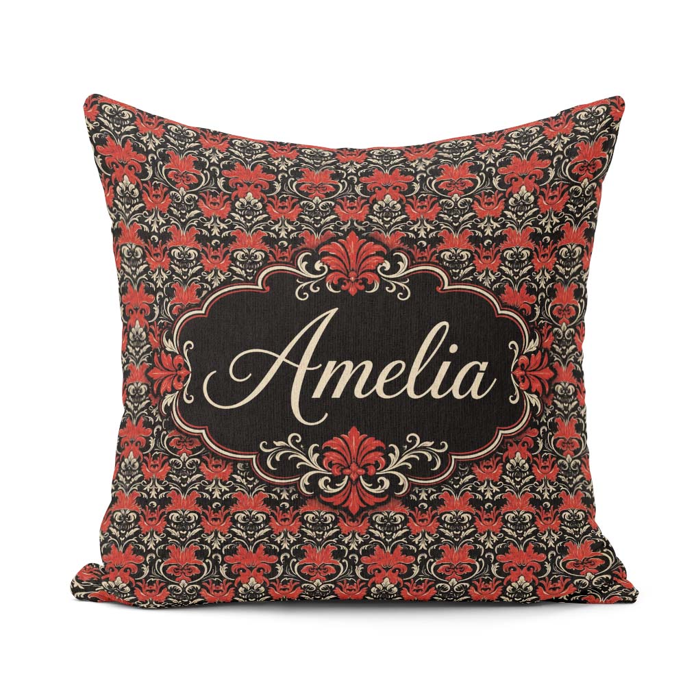 Custom Name Elegant Black Background Red Floral Baroque Seamless Square Filled Cushion Throw Pillow Sofa Bed Home Decor Zip Washable UK Made