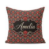 Custom Name Elegant Black Background Red Floral Baroque Seamless Square Filled Cushion Throw Pillow Sofa Bed Home Decor Zip Washable UK Made