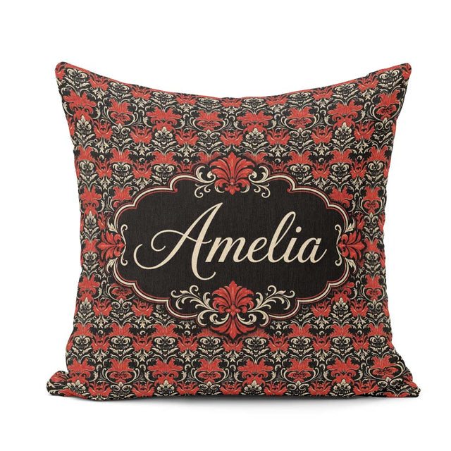 Custom Name Elegant Black Background Red Floral Baroque Seamless Square Filled Cushion Throw Pillow Sofa Bed Home Decor Zip Washable UK Made