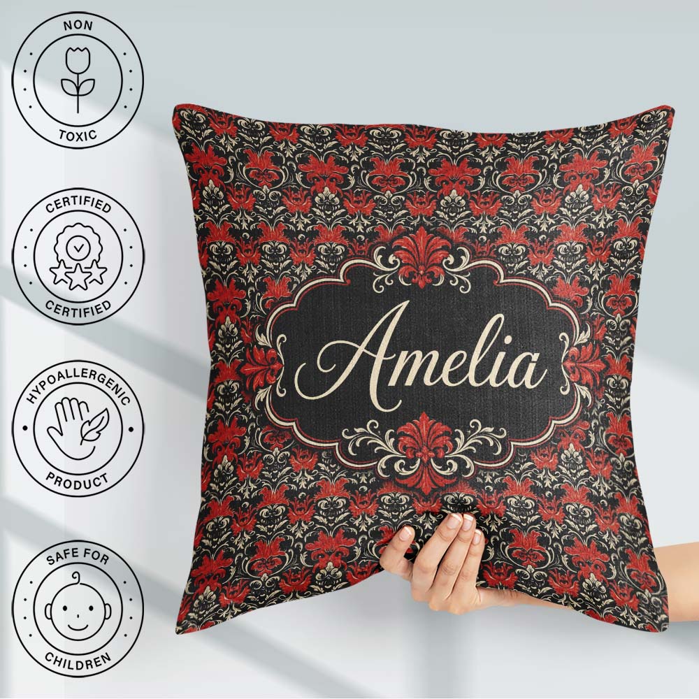 Custom Name Elegant Black Background Red Floral Baroque Seamless Square Filled Cushion Throw Pillow Sofa Bed Home Decor Zip Washable UK Made