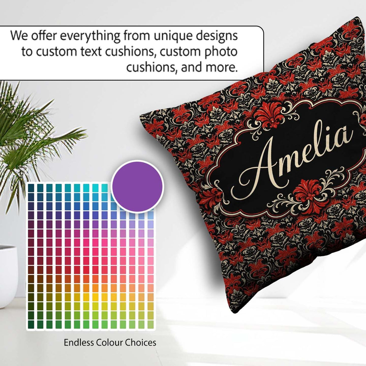 Custom Name Elegant Black Background Red Floral Baroque Seamless Square Filled Cushion Throw Pillow Sofa Bed Home Decor Zip Washable UK Made