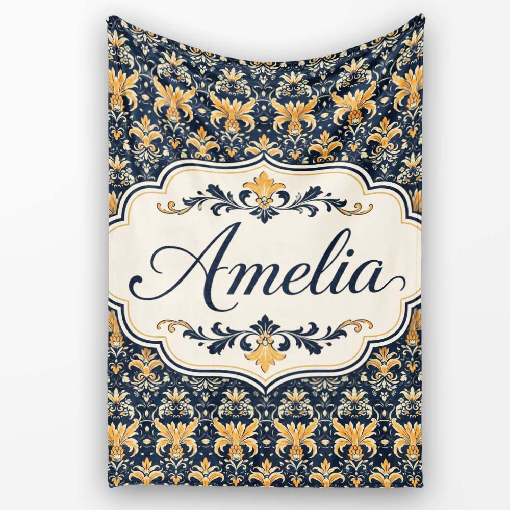 Luxurious Gold Floral Damask on Deep Navy Background Seamless Lovely  Personalised Custom Name Super Soft Fleece Blanket Bed Sofa Throw