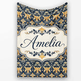 Luxurious Gold Floral Damask on Deep Navy Background Seamless Lovely  Personalised Custom Name Super Soft Fleece Blanket Bed Sofa Throw