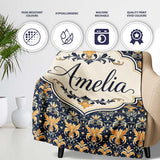 Luxurious Gold Floral Damask on Deep Navy Background Seamless Lovely  Personalised Custom Name Super Soft Fleece Blanket Bed Sofa Throw