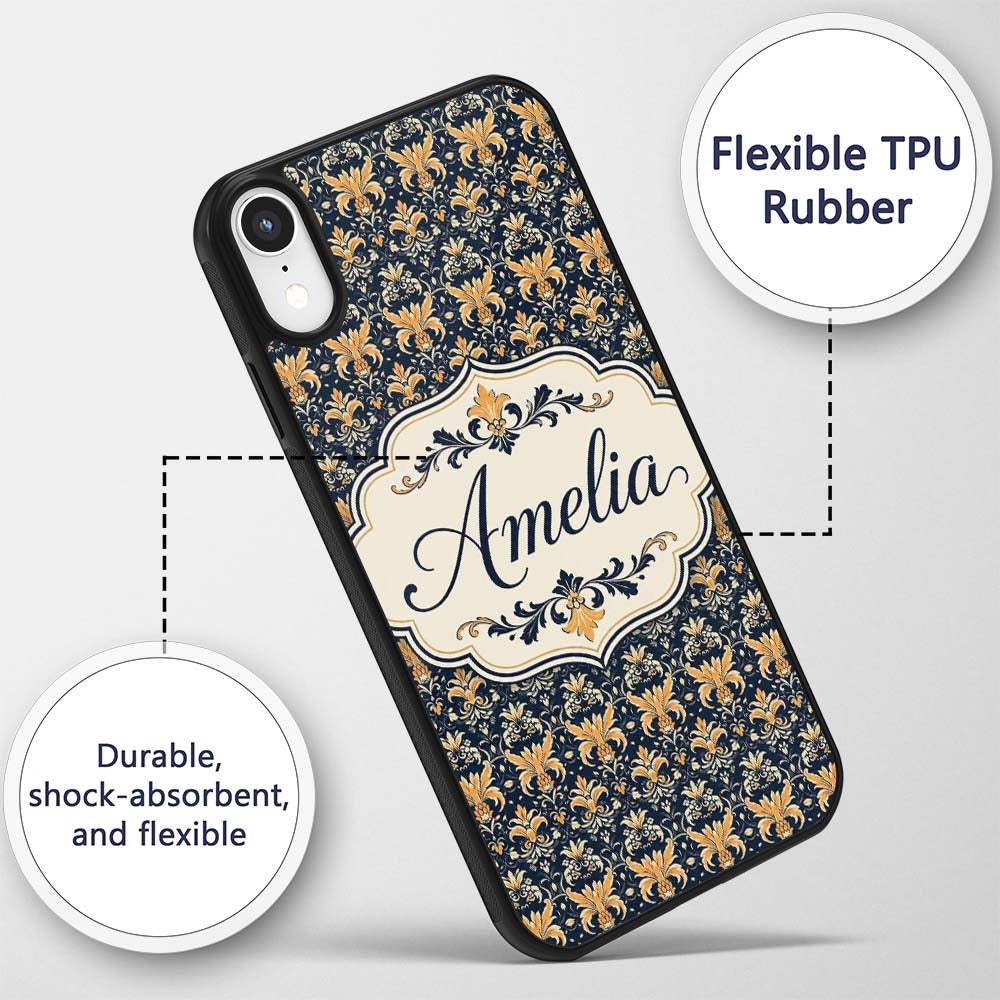 Luxurious Gold Floral Damask on Printed Design Custom Name Protective Phone Case Mobile Cover Durable Everyday Smartphone Shock Resistant