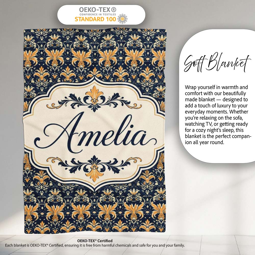 Luxurious Gold Floral Damask on Deep Navy Background Seamless Lovely  Personalised Custom Name Super Soft Fleece Blanket Bed Sofa Throw