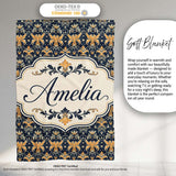 Luxurious Gold Floral Damask on Deep Navy Background Seamless Lovely  Personalised Custom Name Super Soft Fleece Blanket Bed Sofa Throw