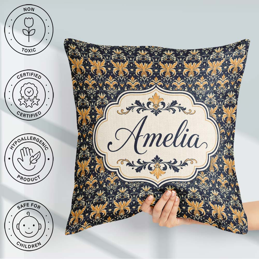 Custom Name Luxurious Gold Floral Damask on Deep Navy Background Square Filled Cushion Throw Pillow Sofa Bed Home Decor Zip Washable UK Made